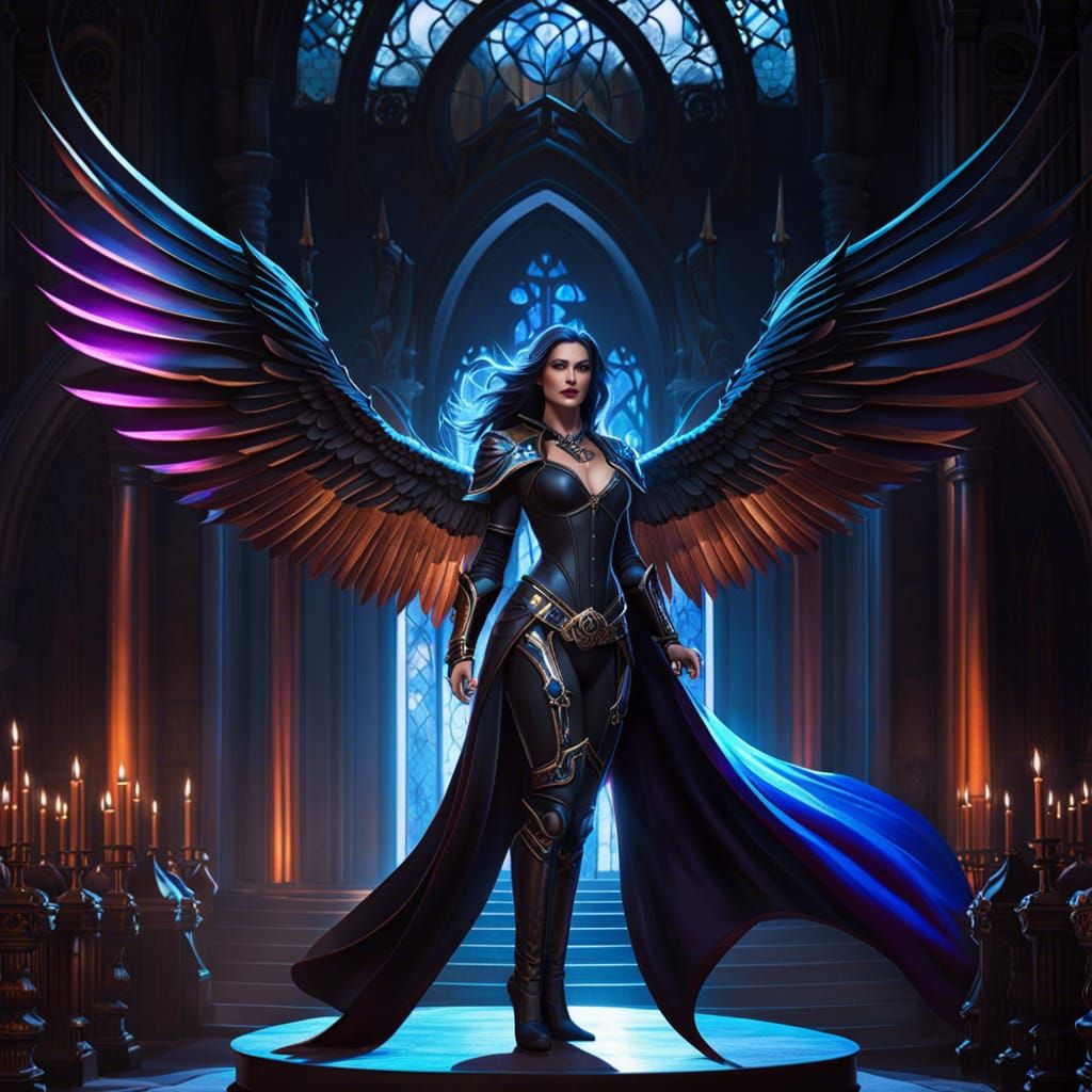 Winged Villainess in Dark Cathedral, Hyperdetailed Art
