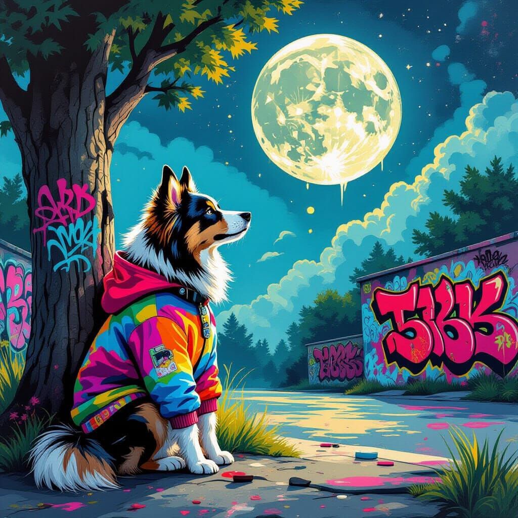 Dog Gazing at Moon in Street Art Style