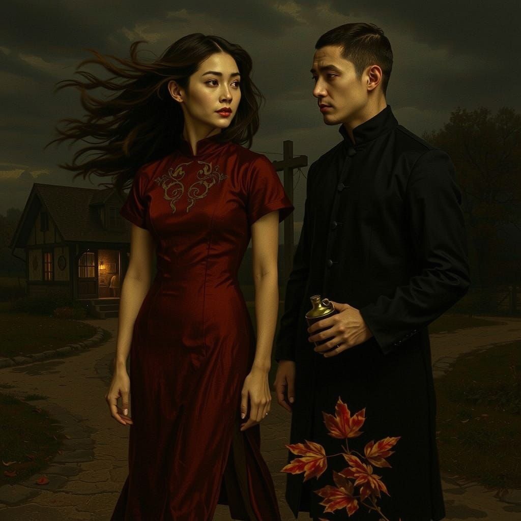 Chinese Woman at Crossroads in Pre-Raphaelite Style