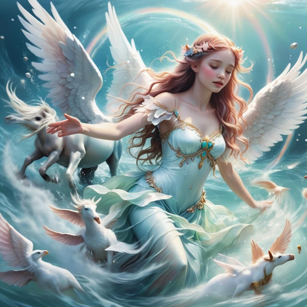 Maiden Rescued by Pegasus in Dreamy Illustration