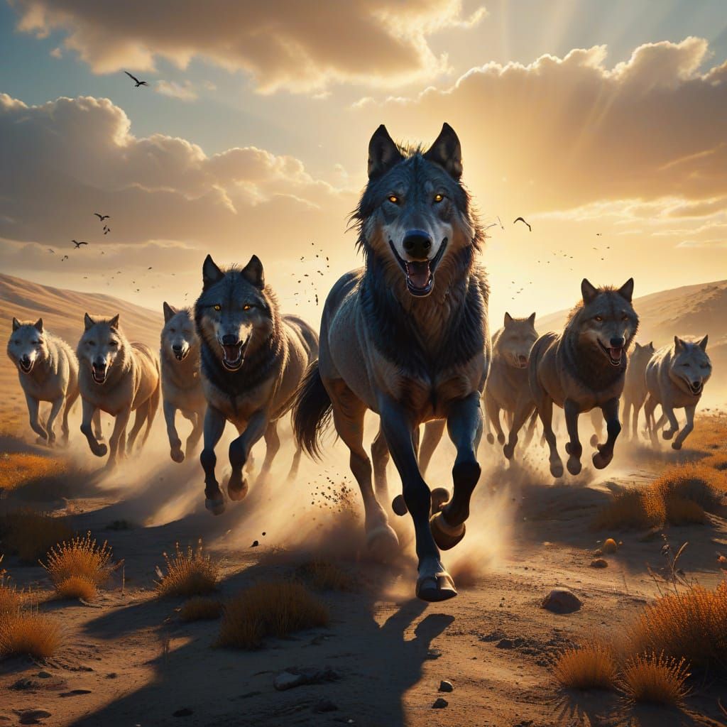 Wild Horses Charging from Wolves in a Golden Plains Landscap...