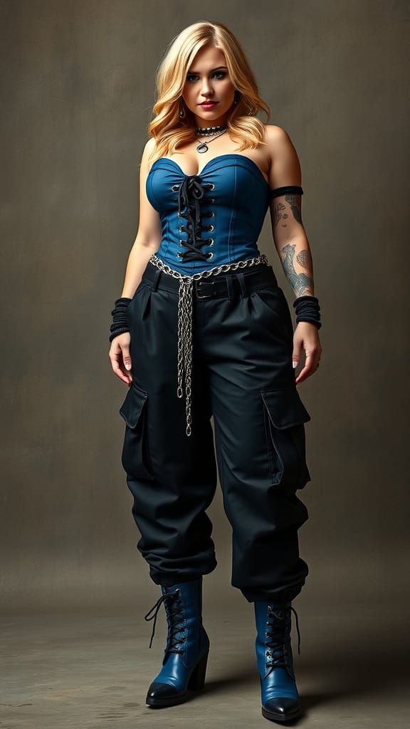 Gothic Woman in Bold Blue Corset and Chains