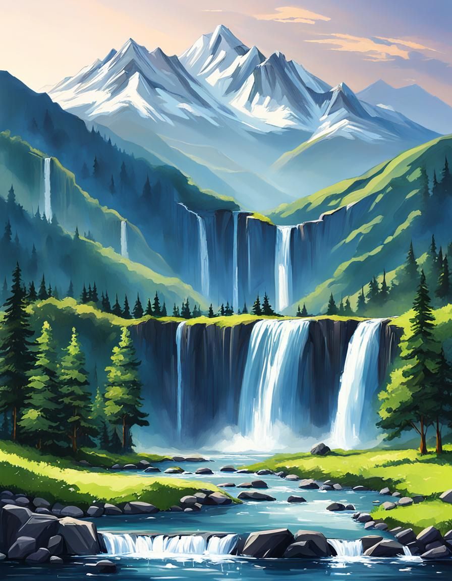 Scenic Waterfall Flowing Down Mountainside