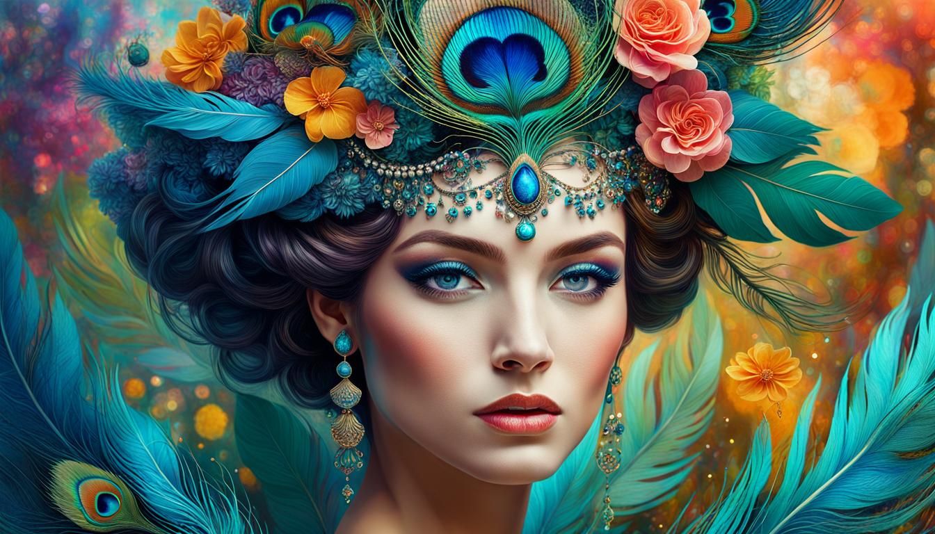 Surreal Lady with Flowers in Double Exposure Landscape