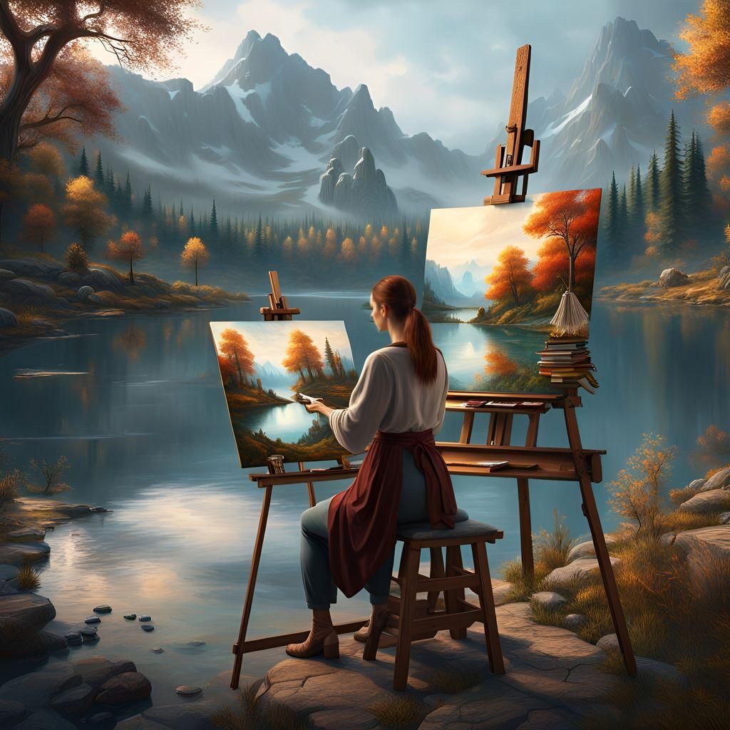 Woman Painting Tranquil Lake: Detailed Fantasy Art