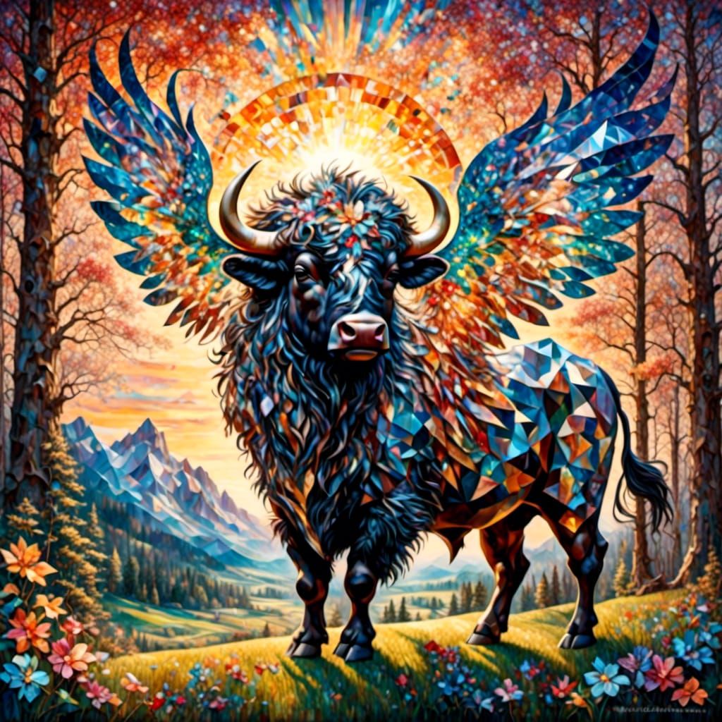 Fairy Buffalo with Iridescent Wings in Cubism Style