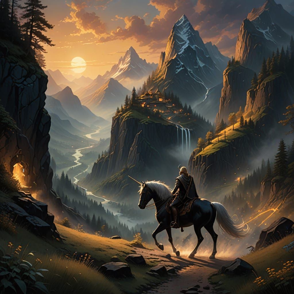 Elven Paladin on Midnight Unicorn, Fantasy Illustration