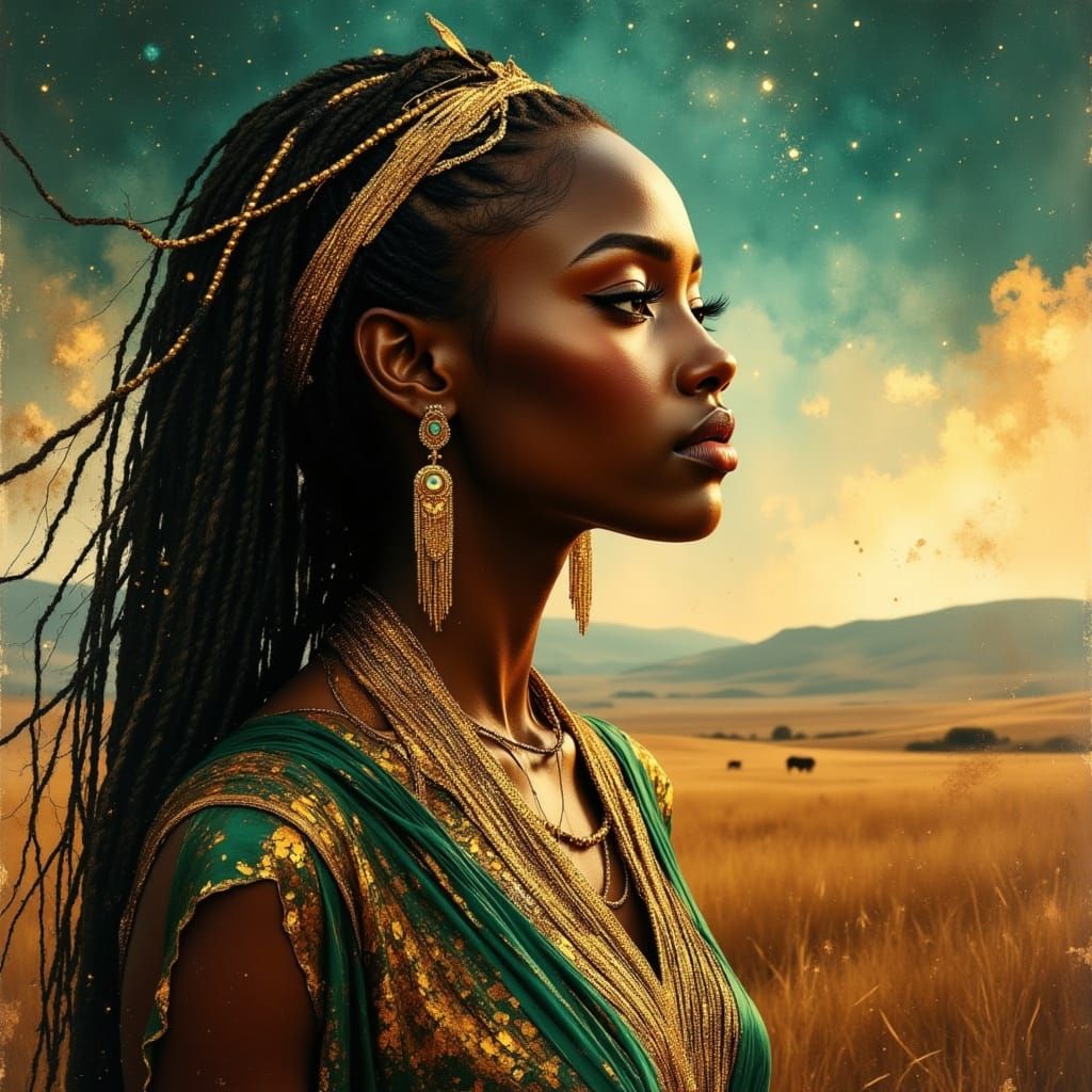 Majestic African Goddess on Savannah at Twilight