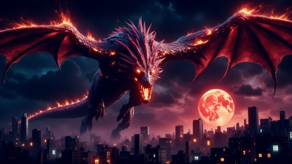 Cyberpunk-Style Dragon Soars Through Dark Skies Under Blood ...