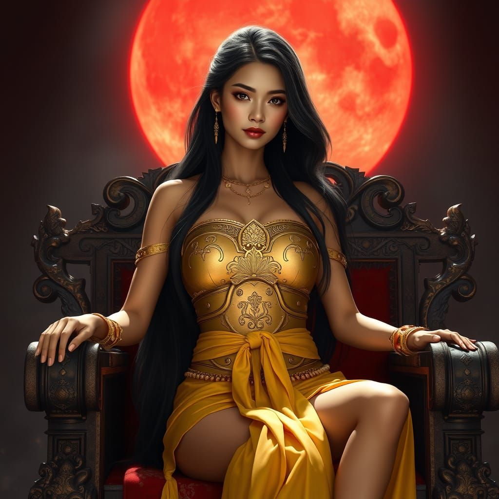 Thai Woman on Throne Under Red Moon