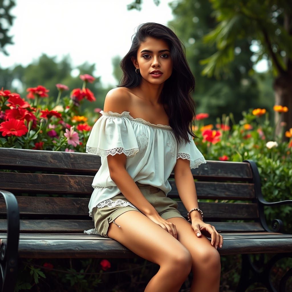 A Young Latina Woman Sits on a Park Bench in a Soft Daylight