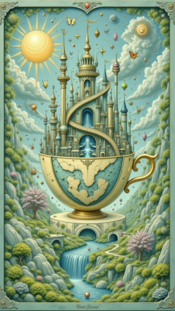 Clockwork Tarot Card City in Teacup