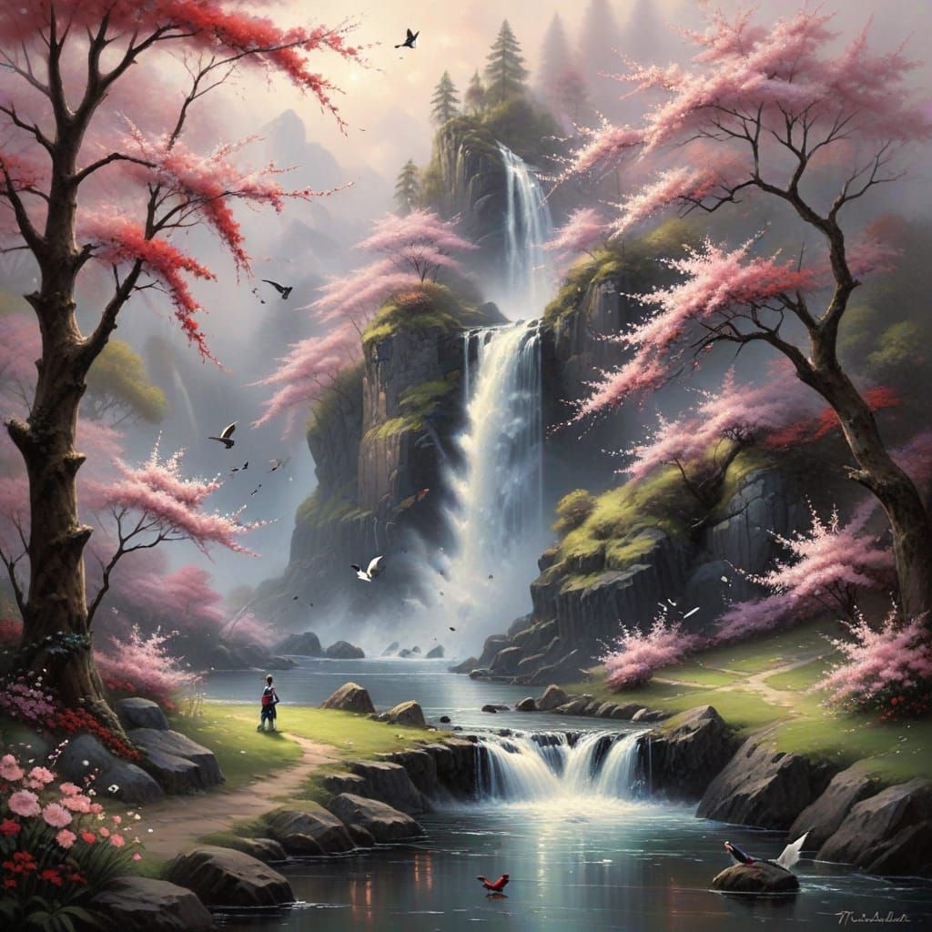 Ethereal Cherry Blossoms and Birds by Waterfall