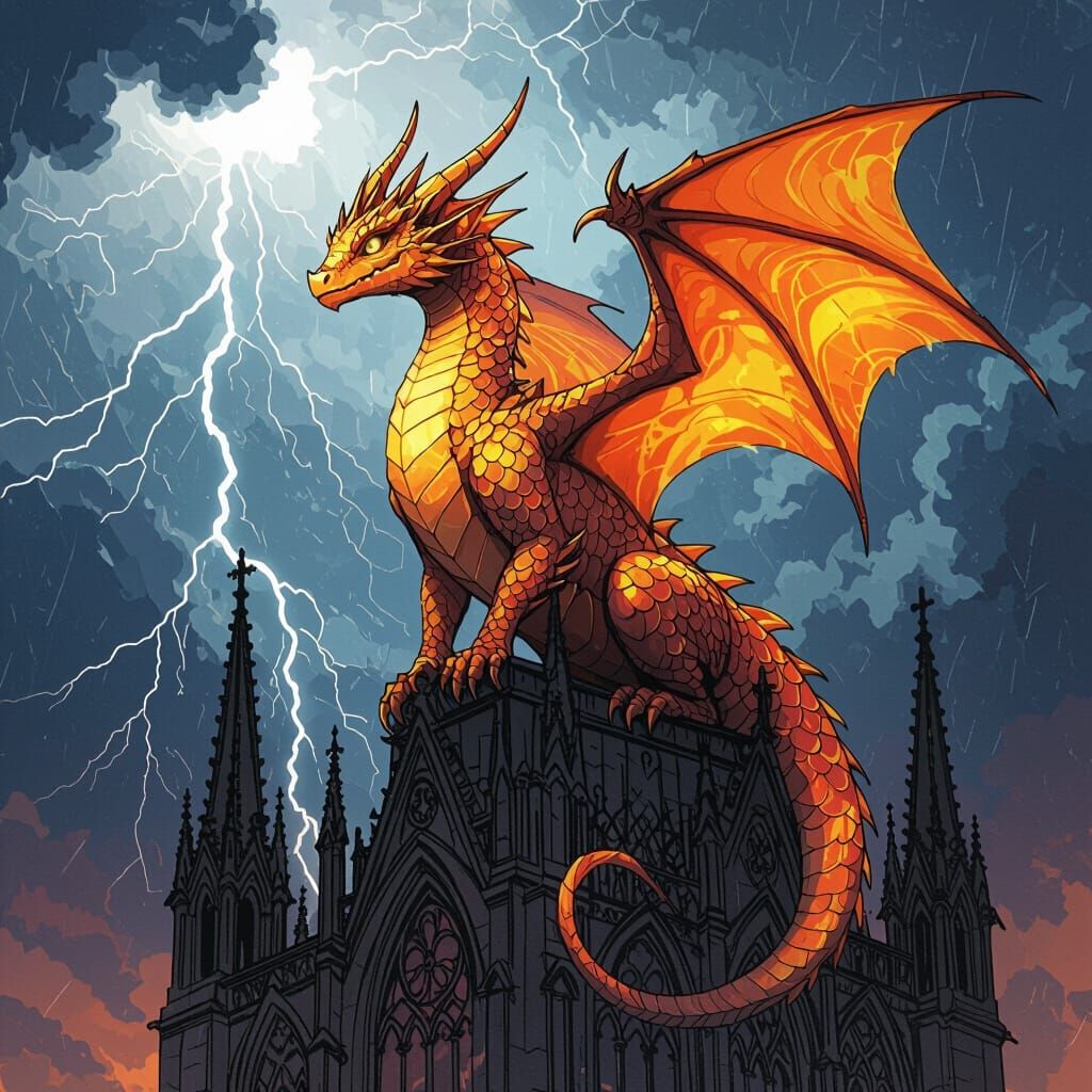 Prism Dragon on Gothic Cathedral in Expressive Ink
