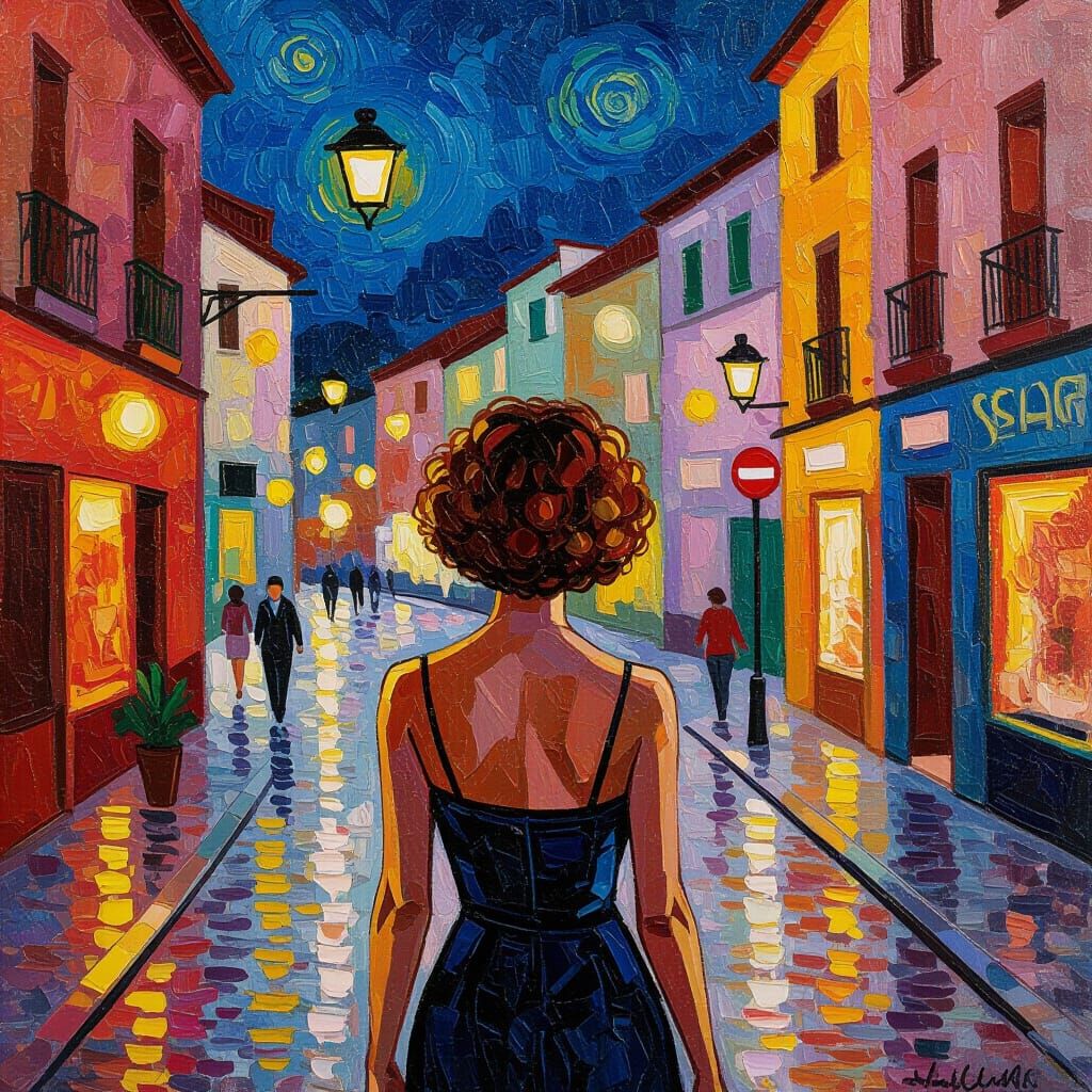 Madrid Summer Night Street Scene in Expressionist Style