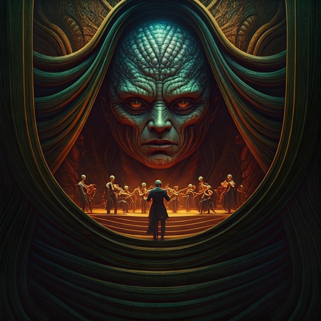 Alien Orchestra Performing in Extraterrestrial Cityscape