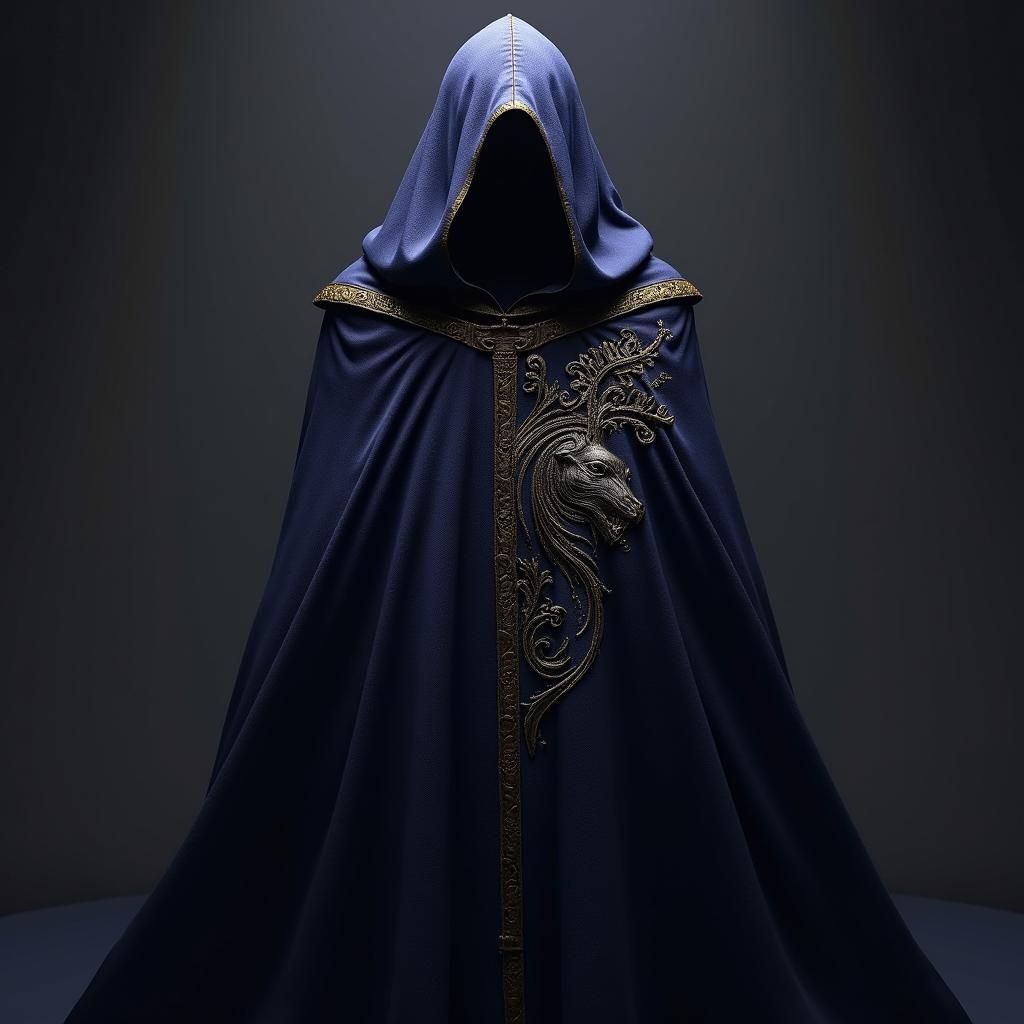 Mystical Figure in Dark Blue Cloak, Art Nouveau Style