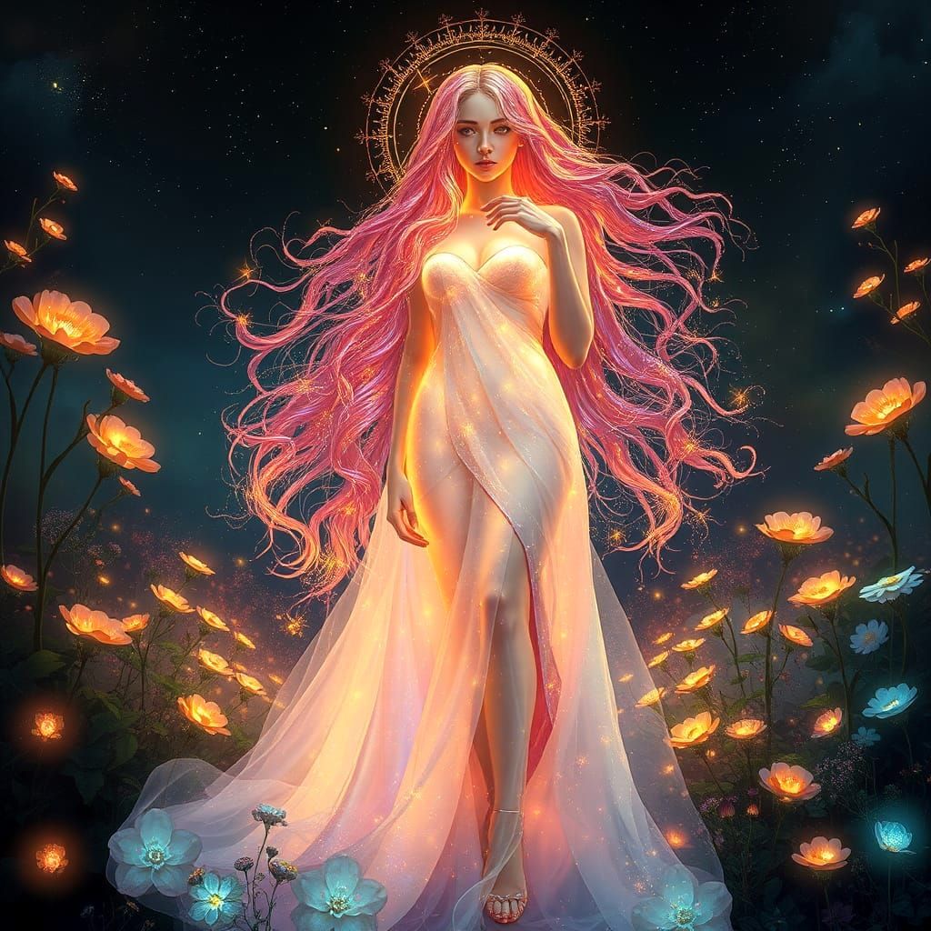 Ethereal Goddess in Cosmic Garden of Celestial Blooms