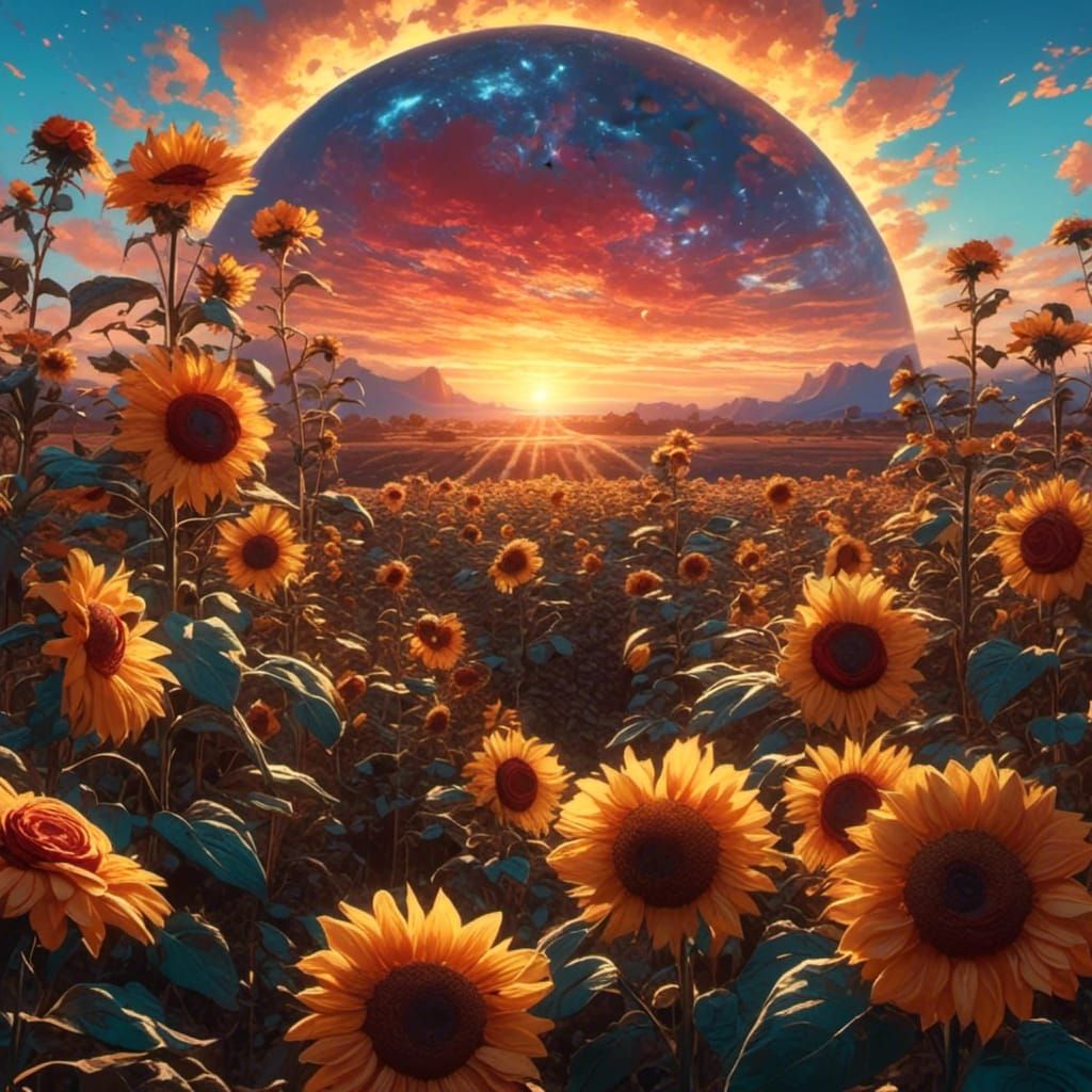 Hyperrealistic Sunset Field of Roses and Sunflowers