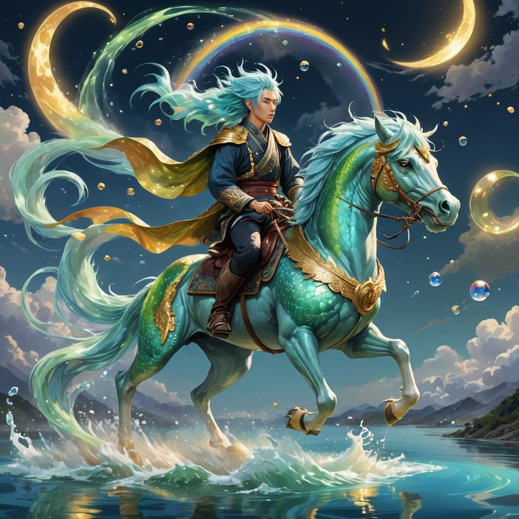 Magical Japanese Rider on Translucent Dragon Horse