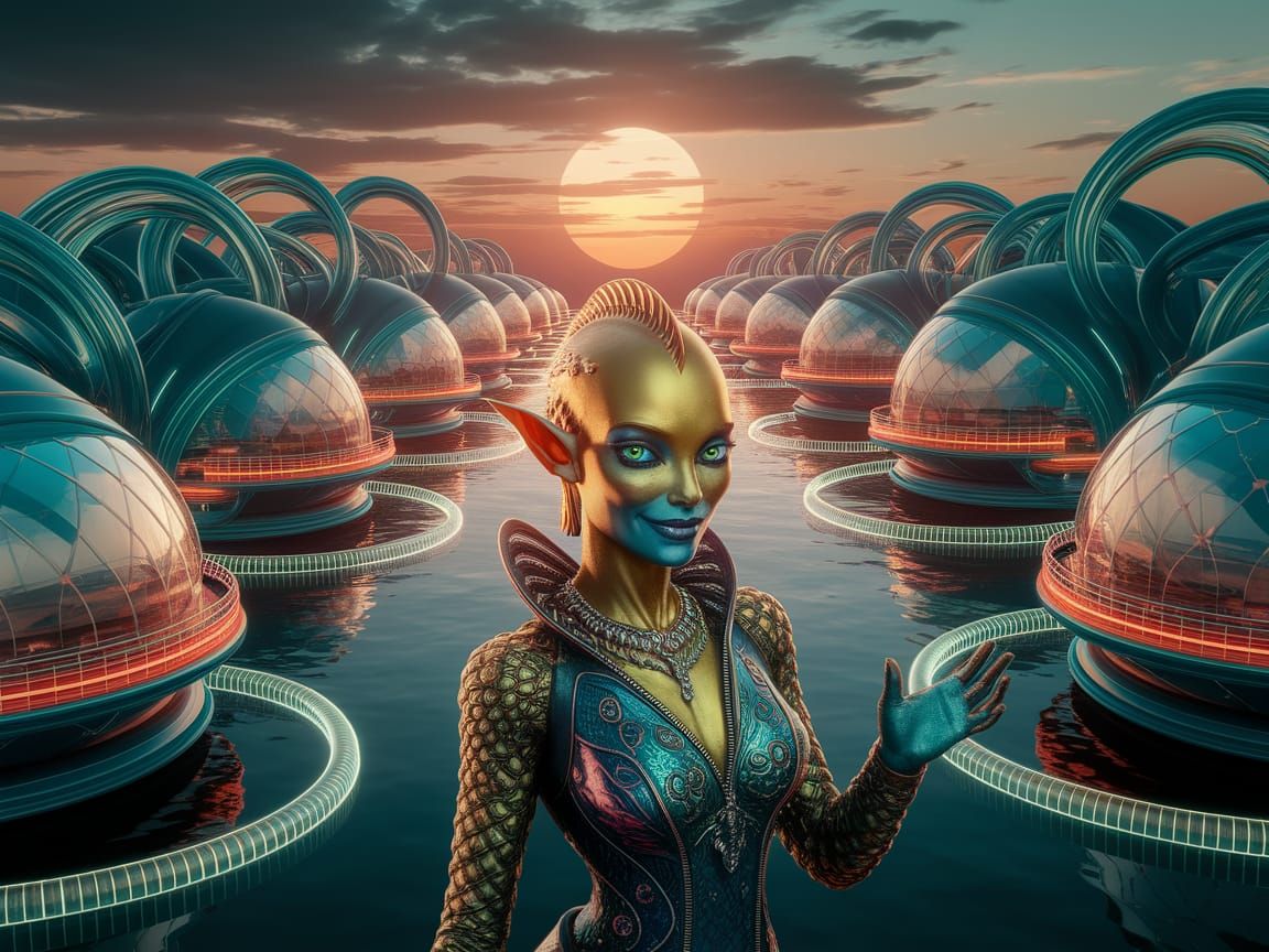 Bioluminescent Alien City at Sunset