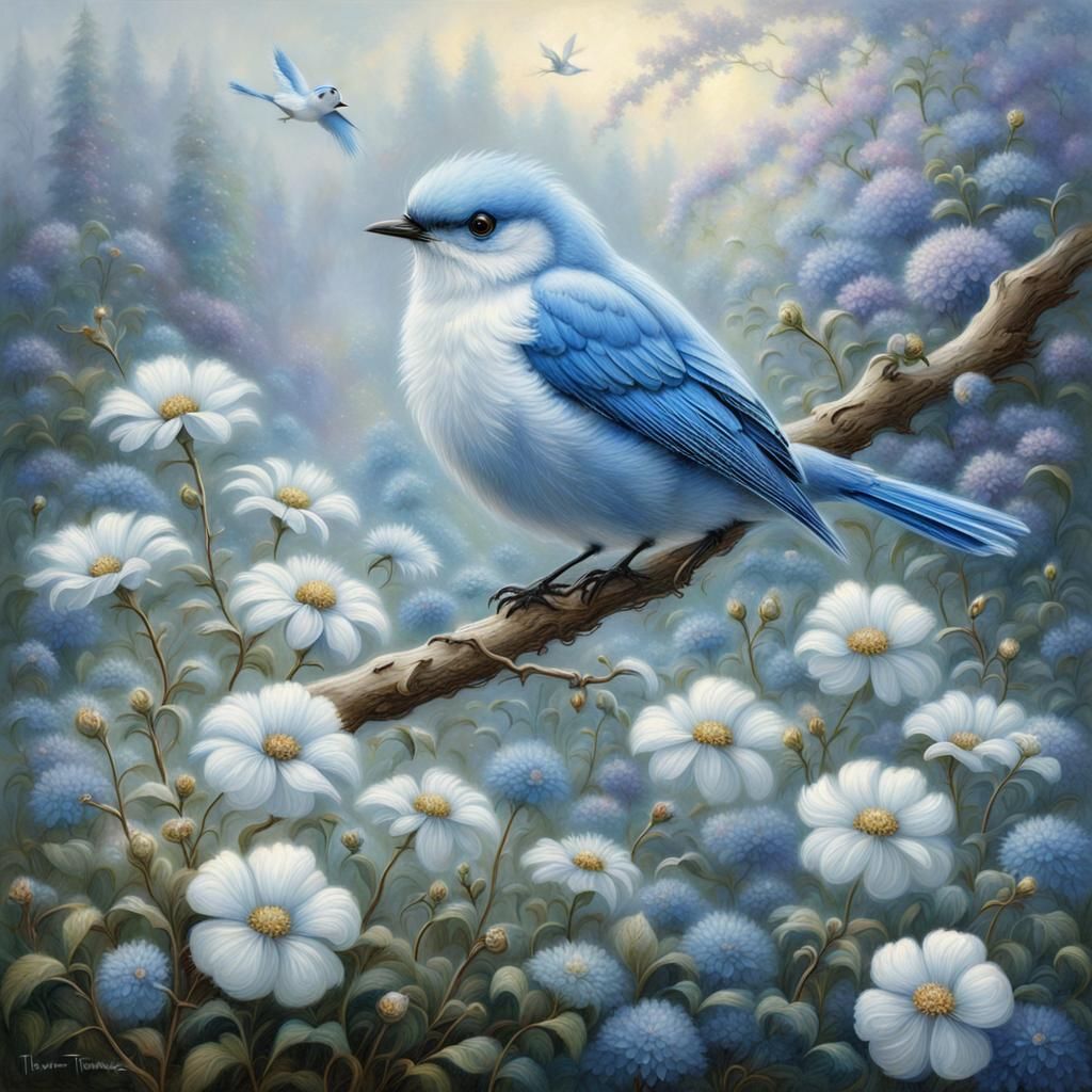 Ethereal Bird on Branch in Metal Flower Field