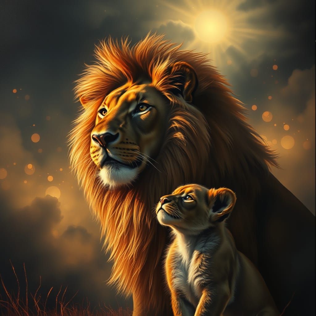Surreal Nighttime Scene with Majestic Lion Duo in Warm, Shim...