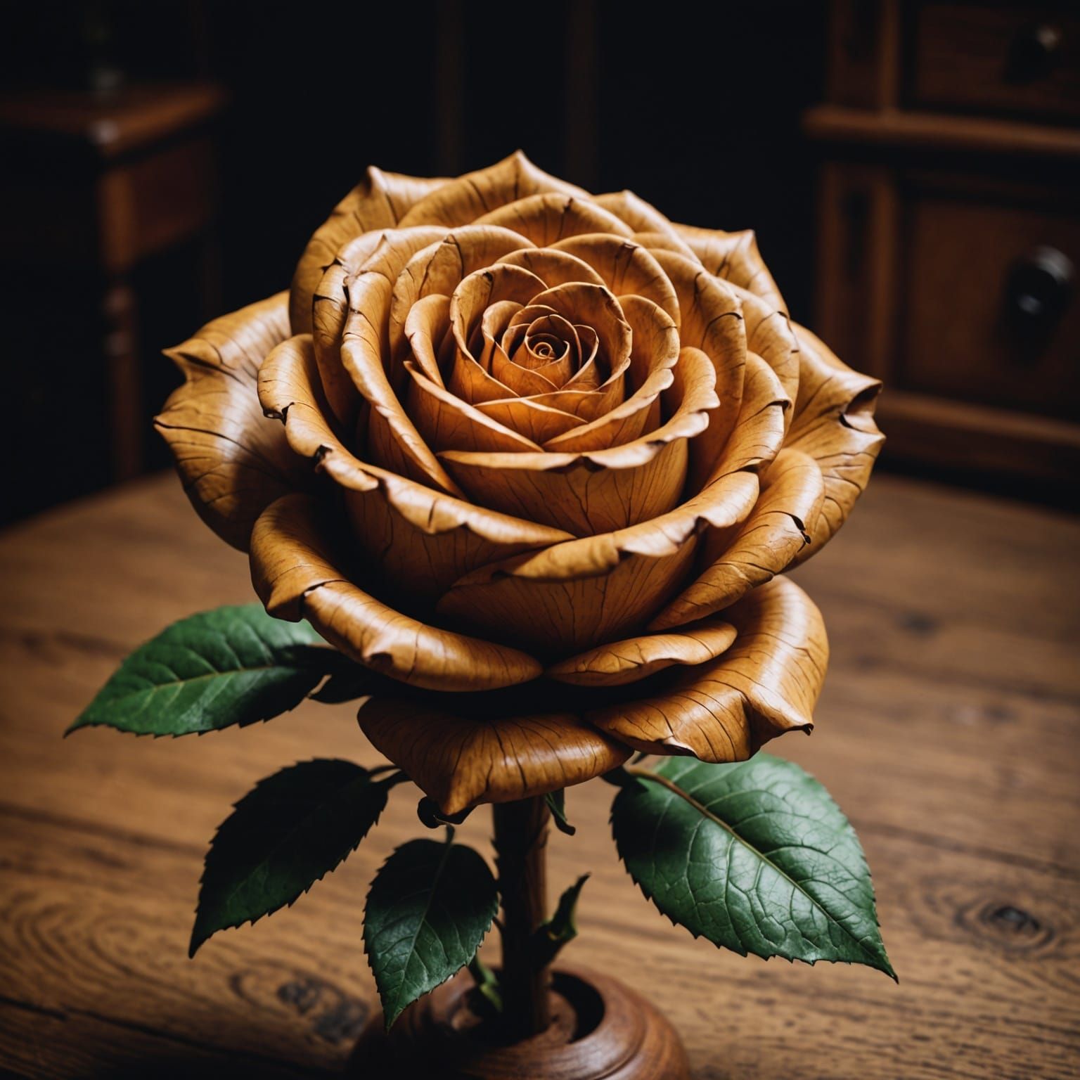 Elegant Oak Rose Wood Carving