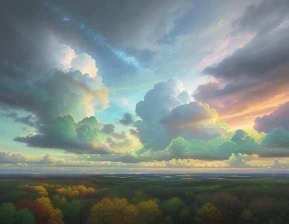 Four Seasons Clouds Raining into Urns as Oil Painting