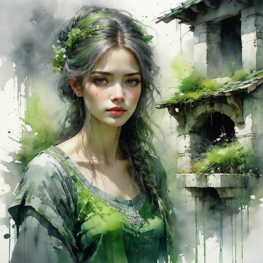 Ethereal Portrait in Watercolor with Whimsical Rural Setting