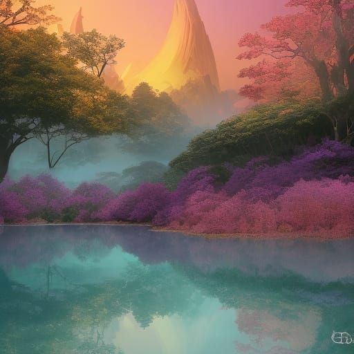 Japanese Pink Tree Against Vibrant Sunset in Lake