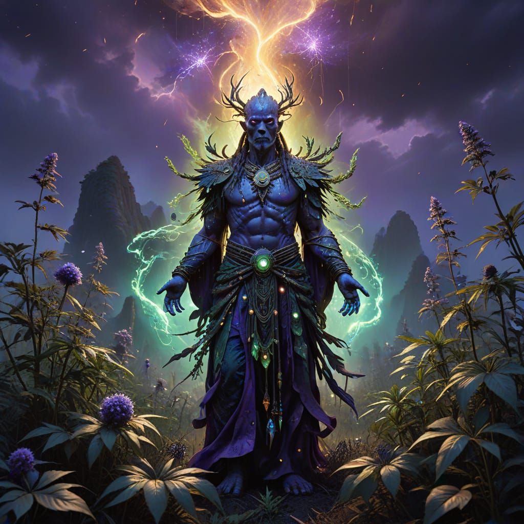 Ancient Shaman in Cannabis Field: Feng Zhu-Style Concept Art