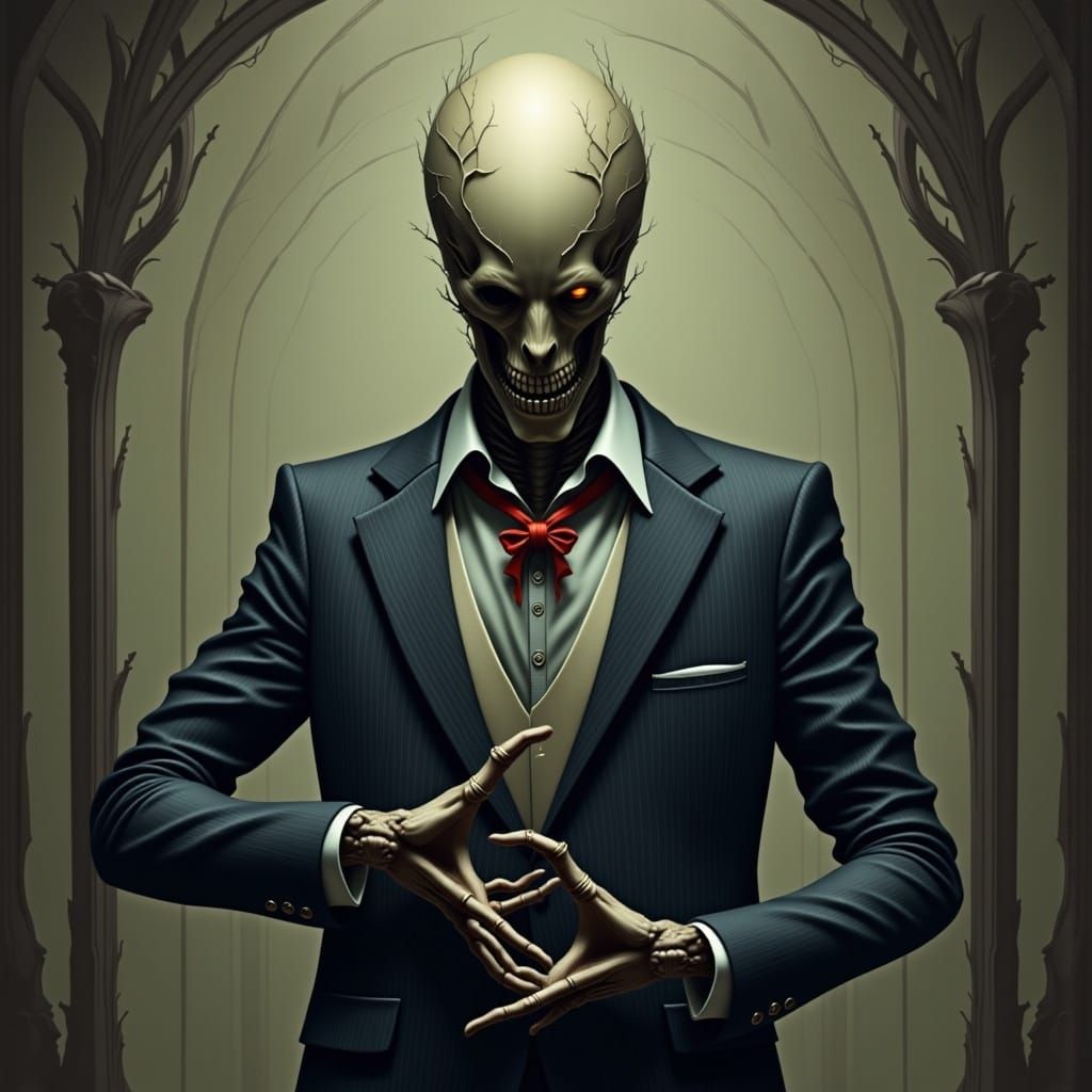 Skeletal Figure in Pinstripe Suit Adjusting Bowtie