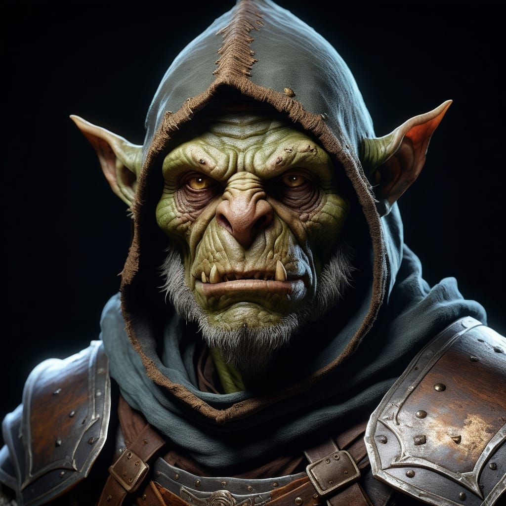 Dramatic Portrait of a Grizzled Goblin Warrior in Triadic Co...