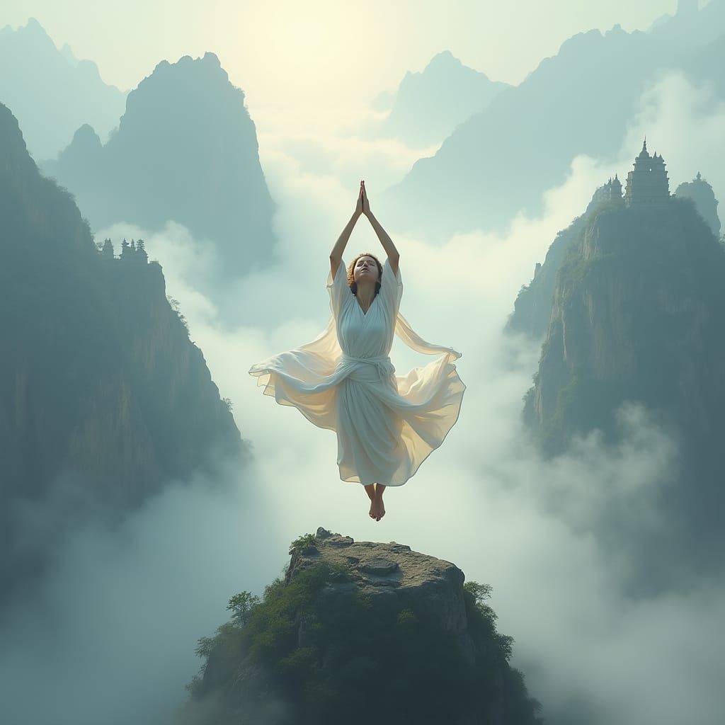 Serene Yoga Instructor in Classical Landscape Painting