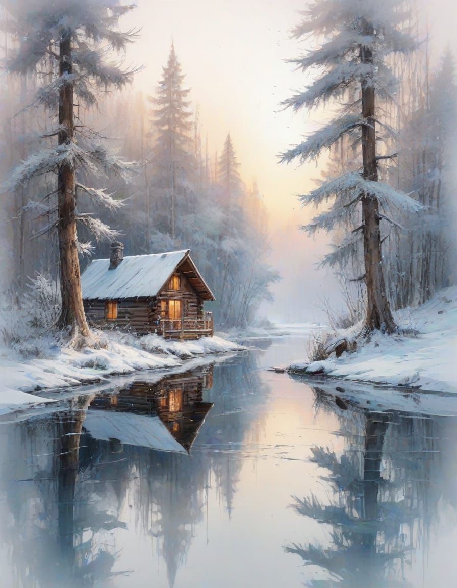 Winter Lakeside Village in Delicate Watercolor Style