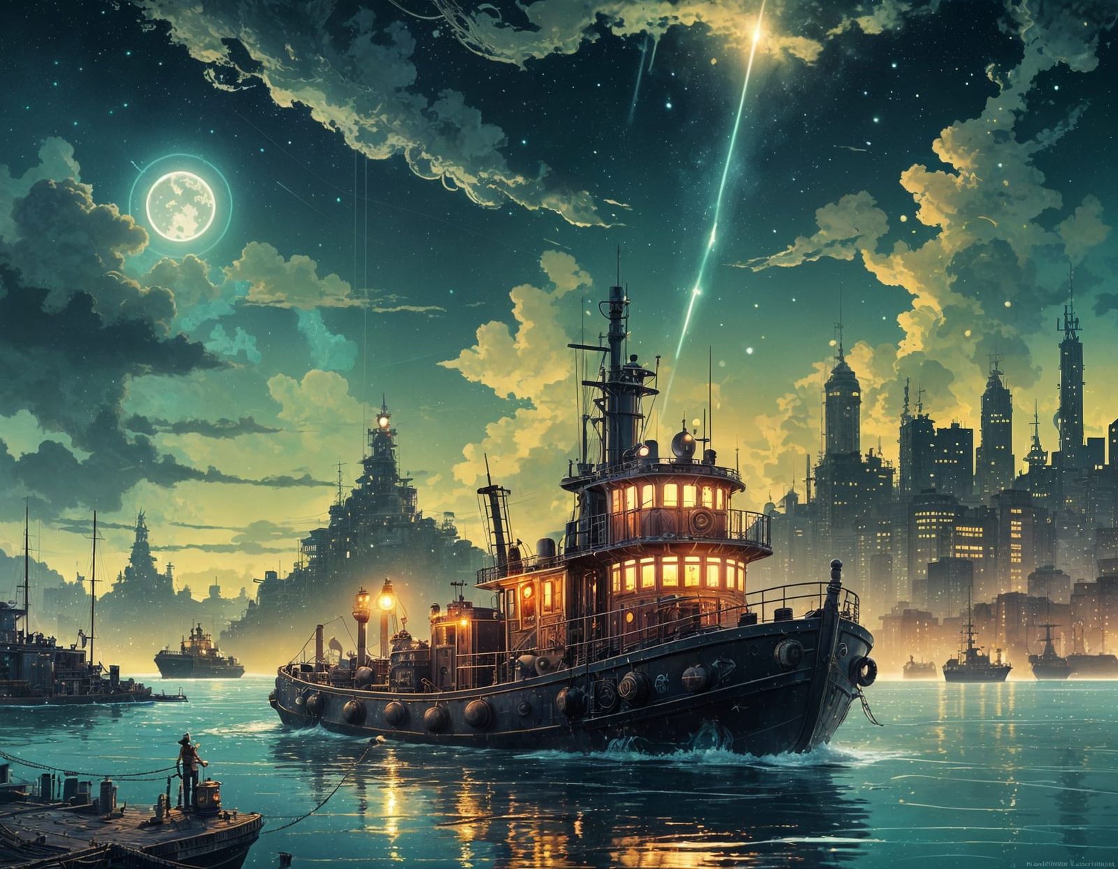 Steampunk Tugboat in Bioluminescent Harbor