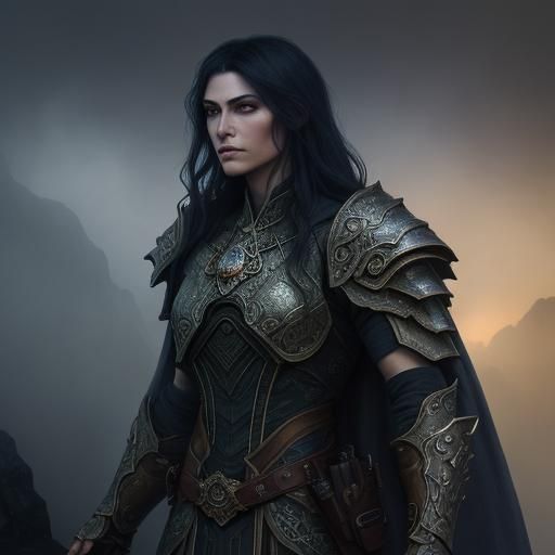 Fantasy Assassin on Cliff Edge in Art Nouveau Style