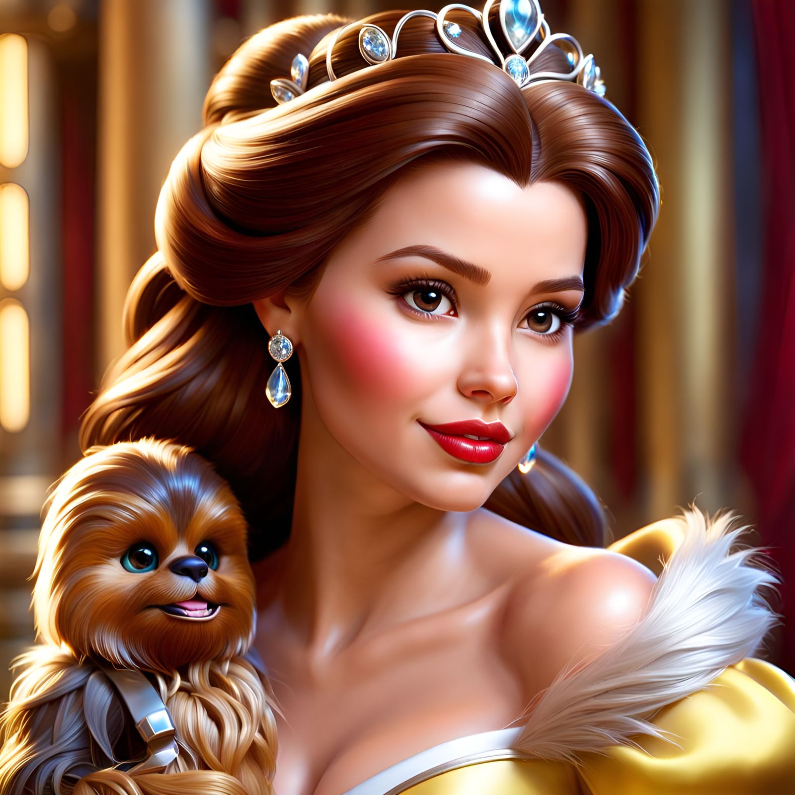 Belle and Chewbacca: Hyper-Detailed 3D Pixar Art