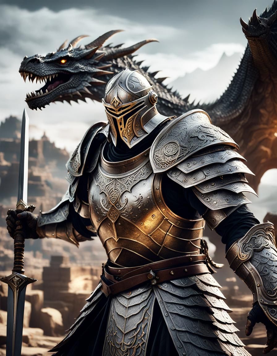 Armored Paladin Slaying Dragon in Epic Fantasy Art