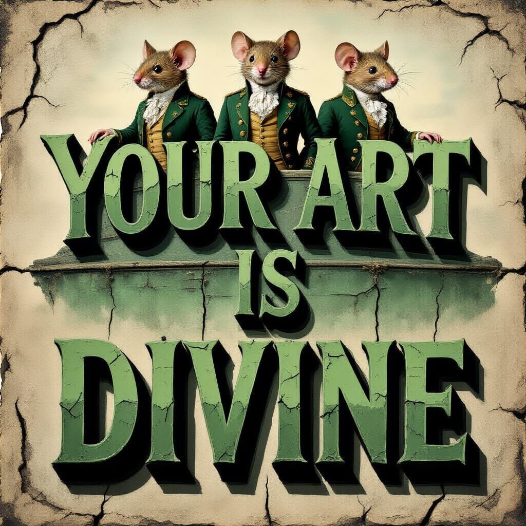 Spanning the extreme bottom edge of the canvas, The large word "YOUR ART IS DIVINE" in a 3d bold font reminiscent of a v...
