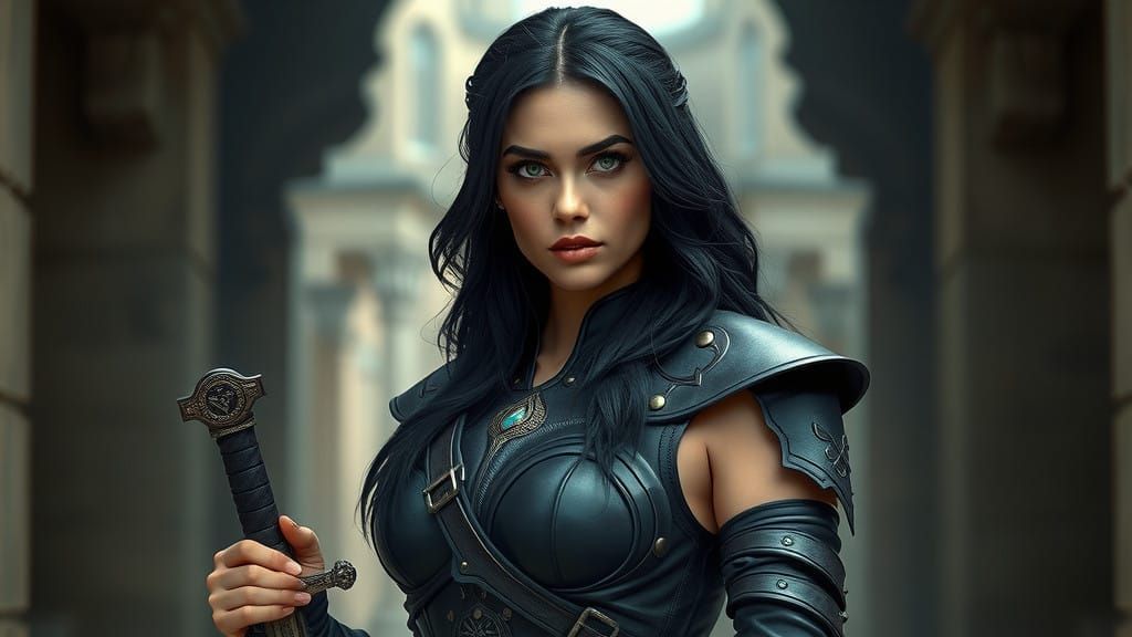 Mysterious Warrior Woman in Intricate Leather Armor
