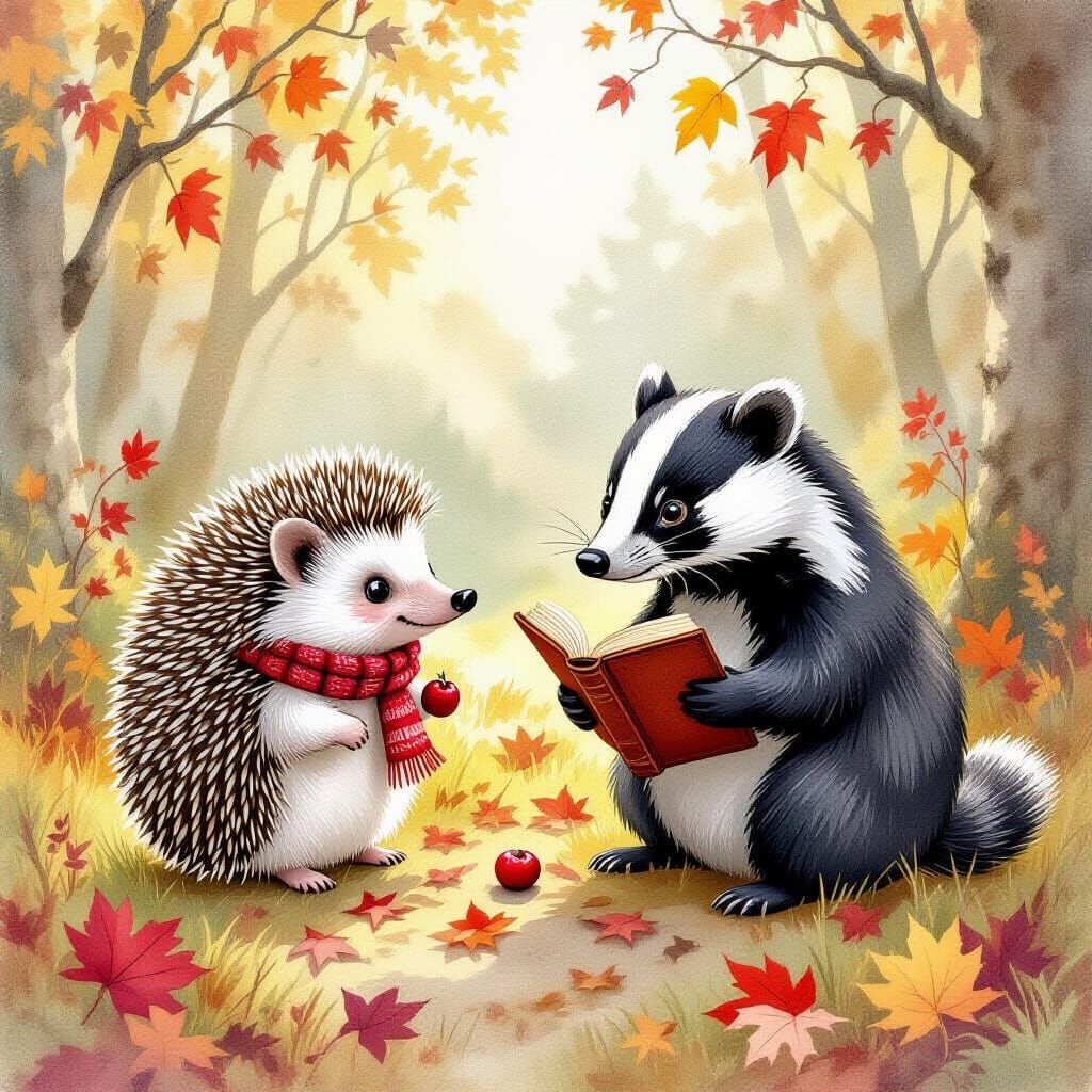 Whimsical Hedgehog Steals Berry from Badger