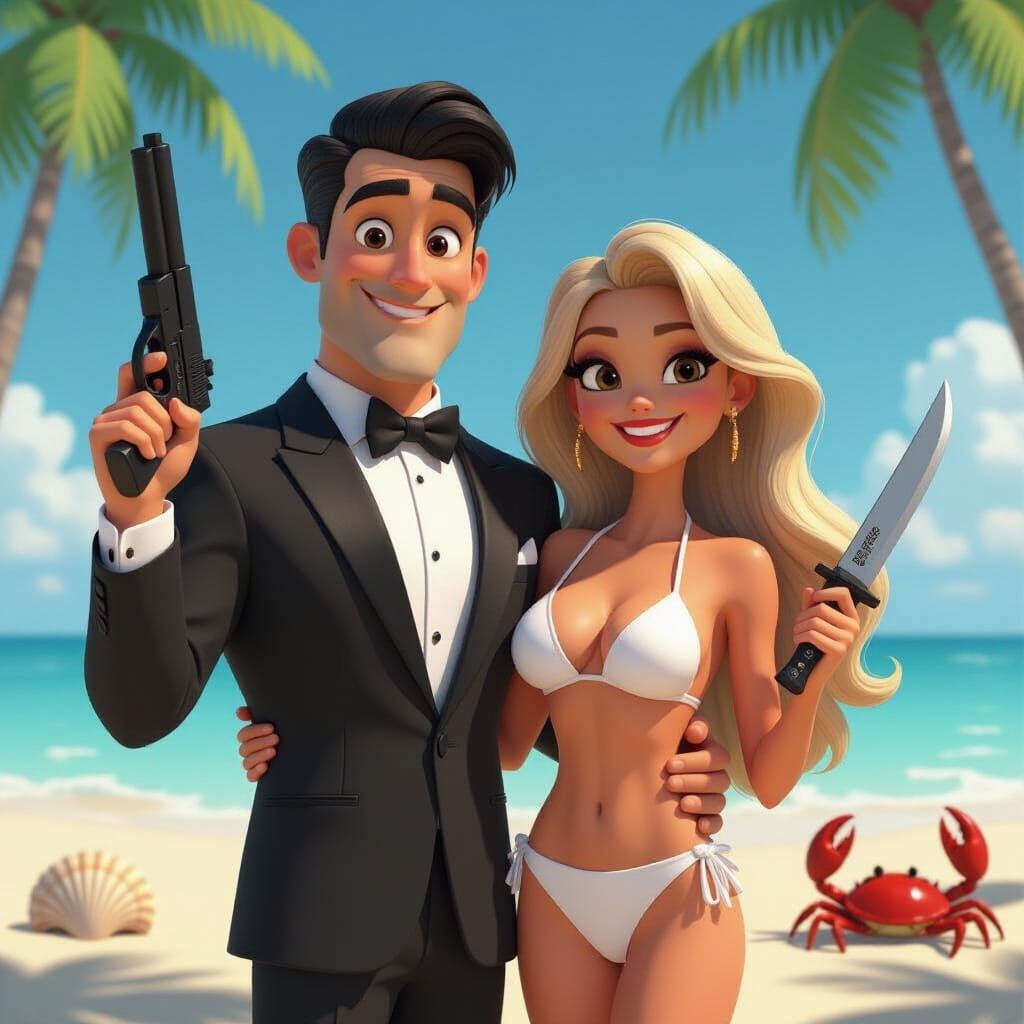 Pixar-Style Spy Duo on Tropical Beach