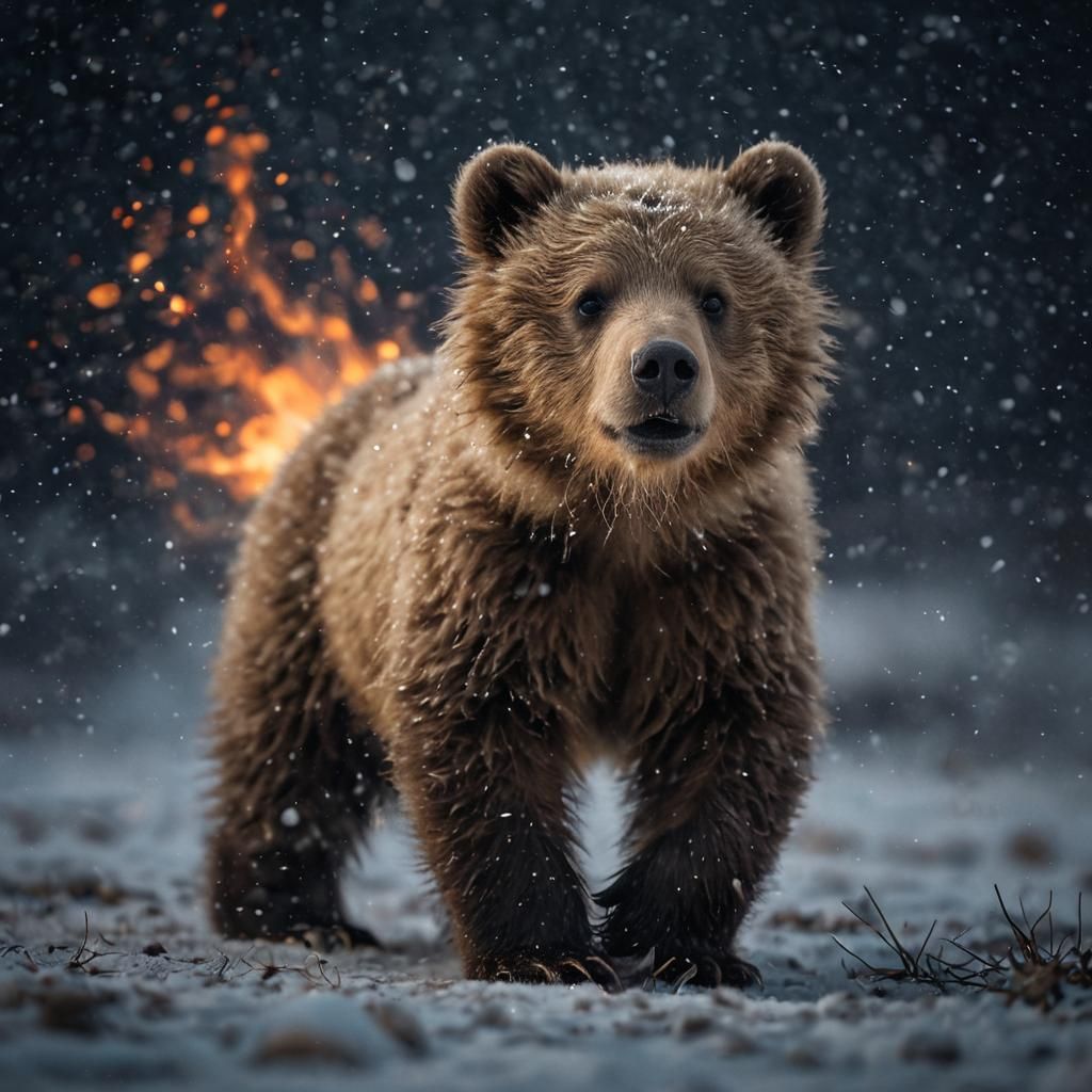 Fiery Grizzly Cub Charges Through Arctic Blizzard