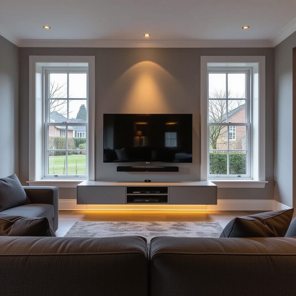 Modern Living Room Design with Centered TV Between Windows