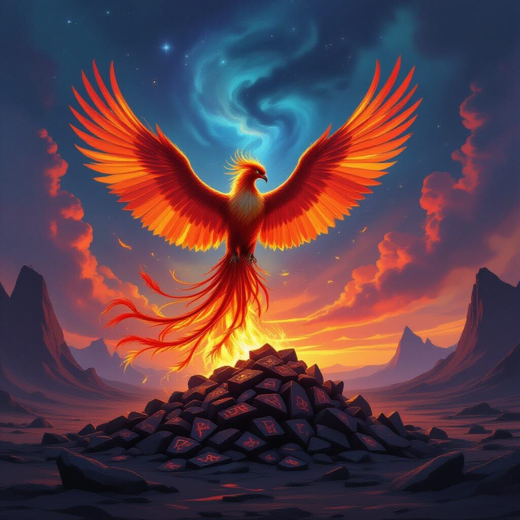 Majestic Phoenix Rises from Glowing Runes in Volcanic Landsc...