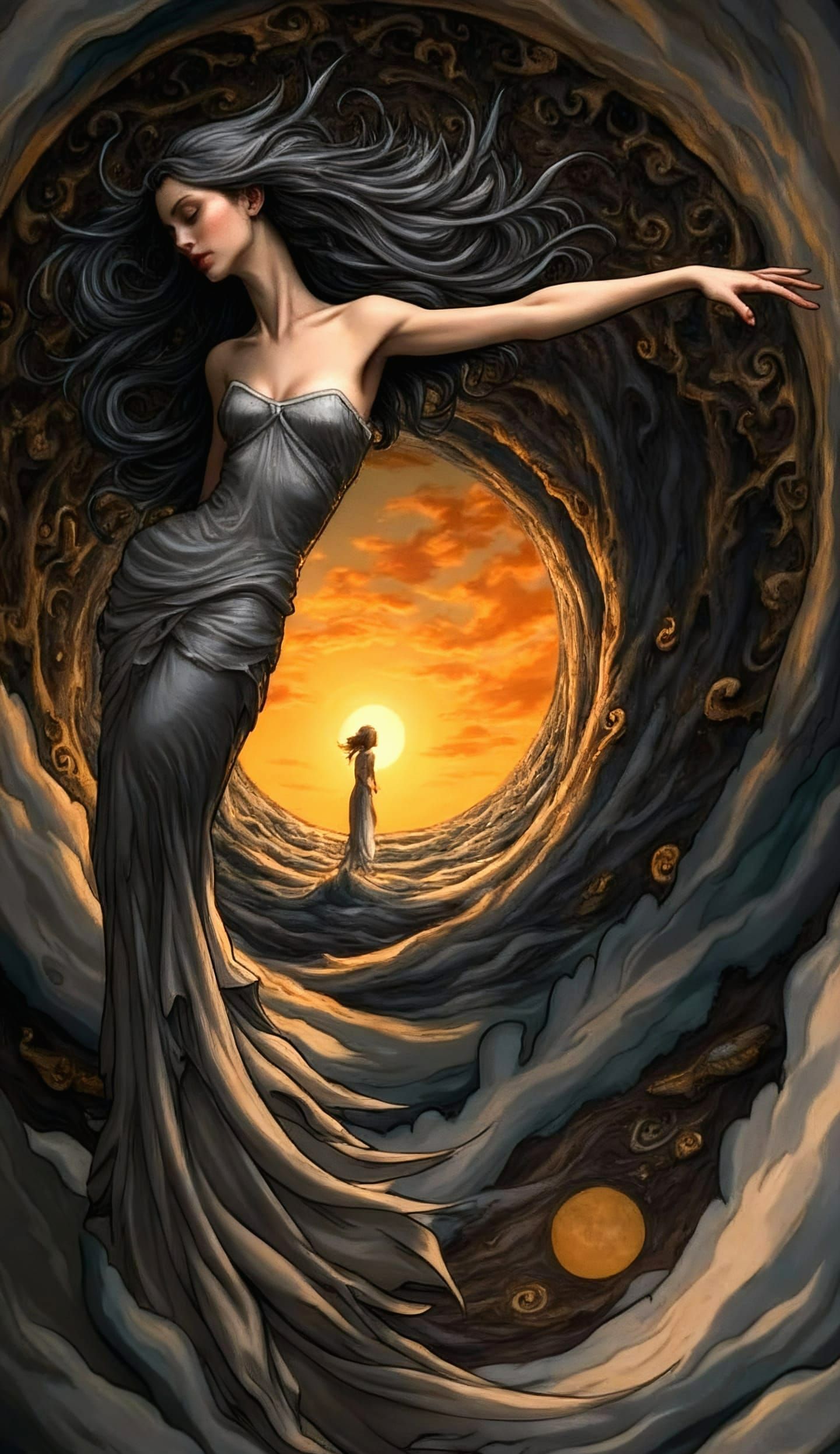 Woman on Windswept Cliff in Shishkin Style