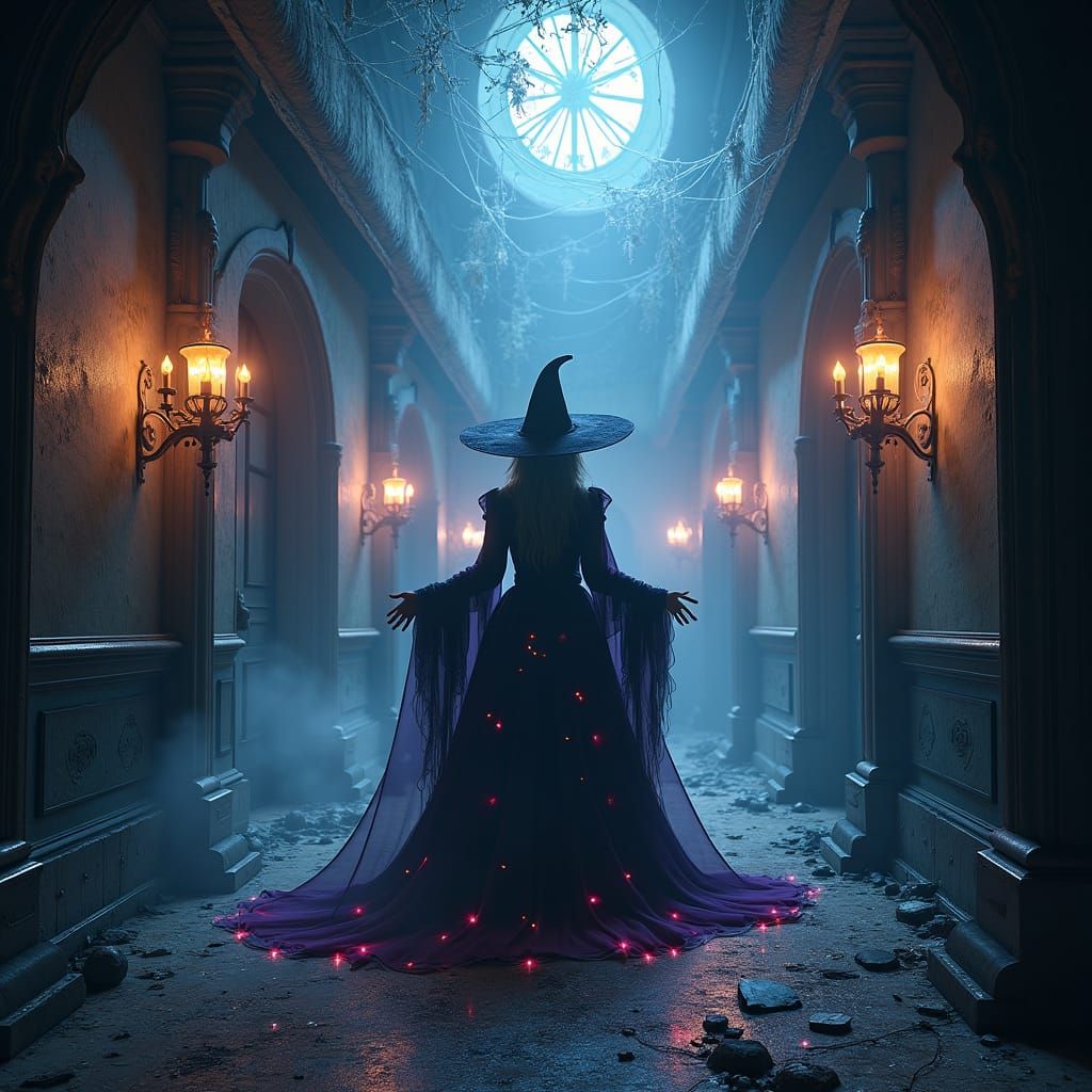 Mystical Witch in Haunted Mansion with Ethereal Lights