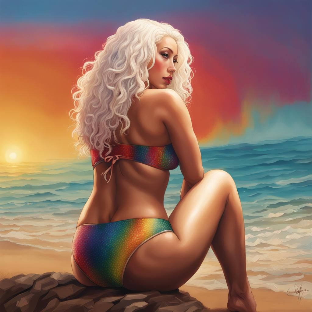 Hyperrealistic Woman in Bikini with Colorful Background